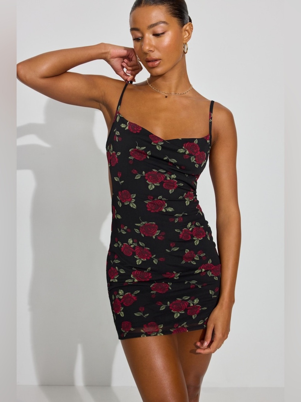 Garage Nikky Cutout Micro-Mesh Mini Dress | Black/Red Rose Print